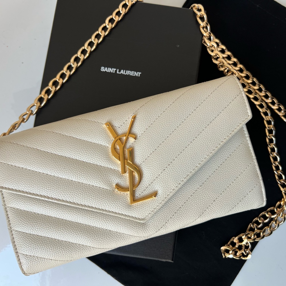 Yves Saint Laurent White Quilted Leather Monogram Chain Crossbody